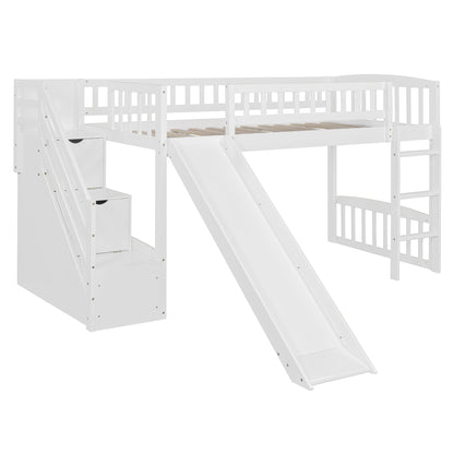 Loft Stairway Bed With 2 Drawers, white, HouseOfZazla, with convertible ladder and slide on Tampa Home & Garden Store
