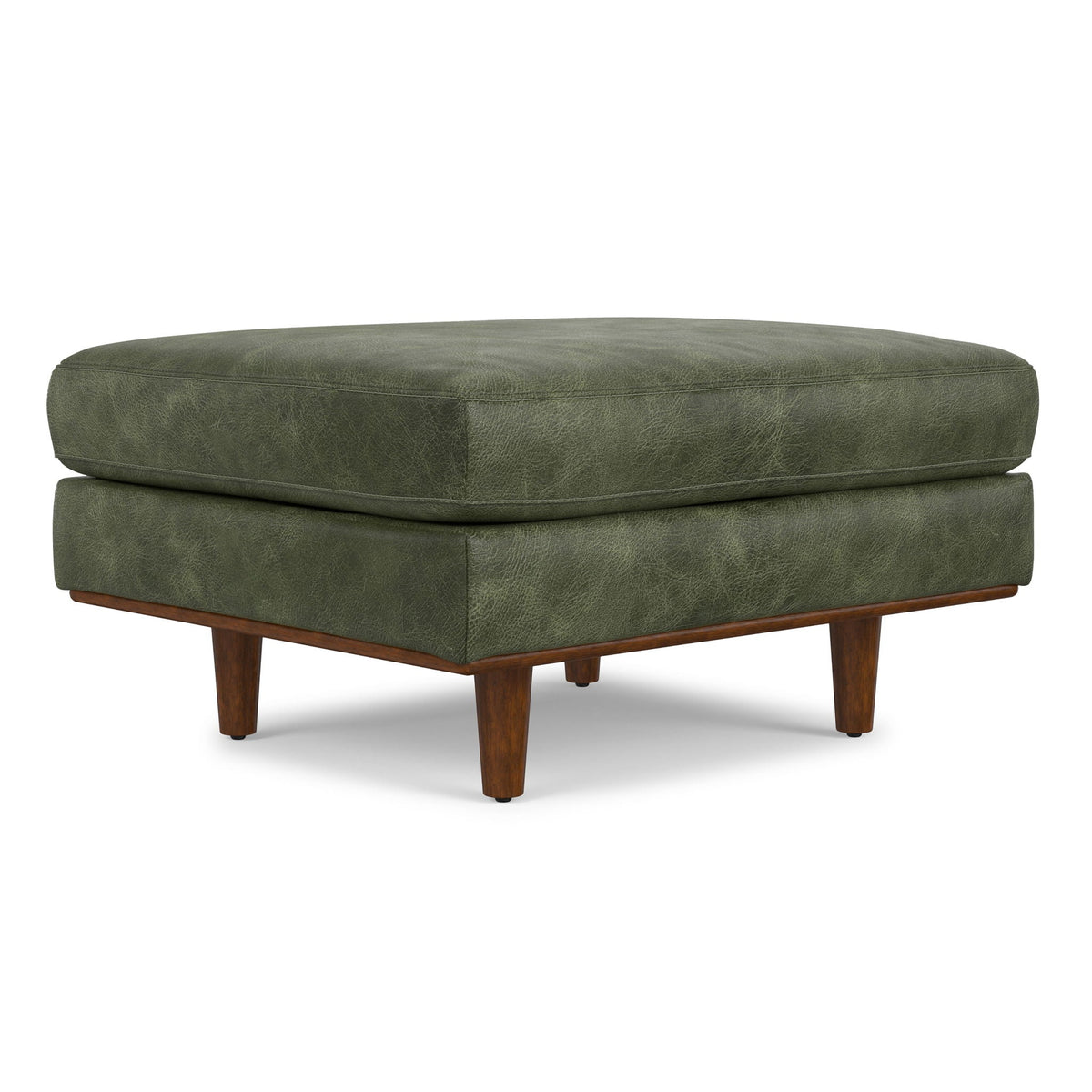 Morrison Ottoman and Feather Cushion by HouseOfZazla in olive green leather with wooden legs on Tampa Home & Garden Store