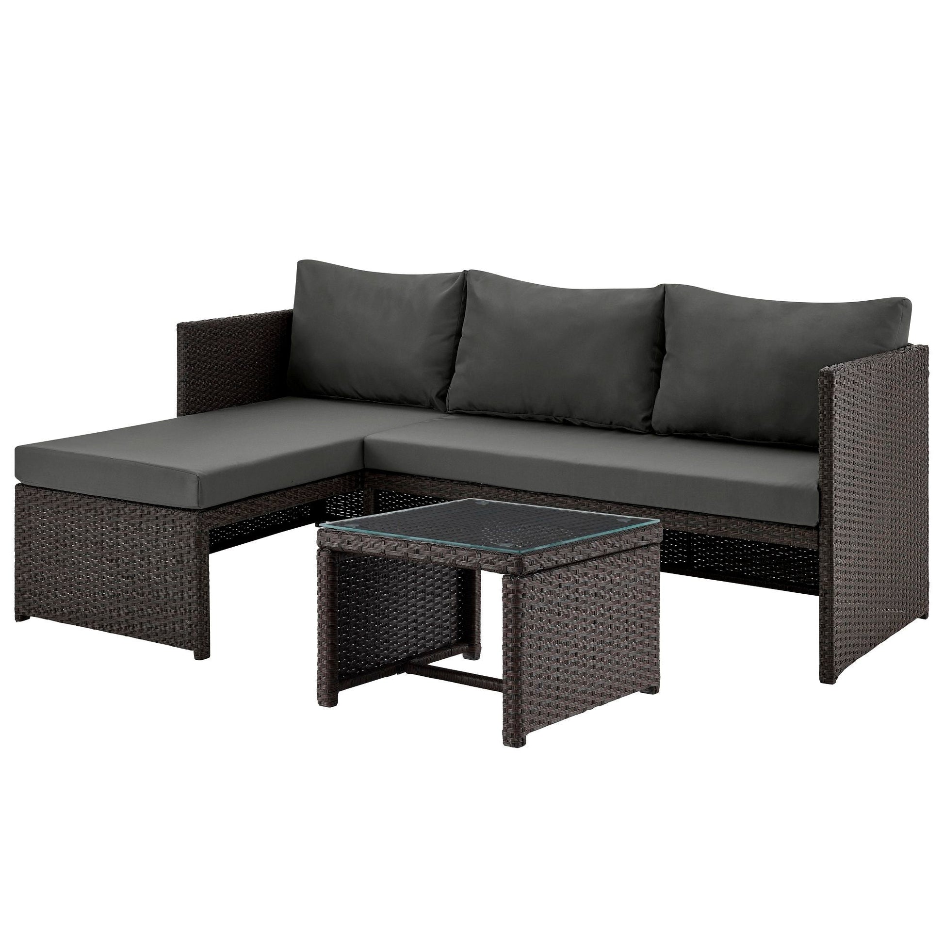 Menton 3 Piece Sectional Set wicker outdoor sofa with charcoal cushions and glass table on Tampa Home & Garden Store