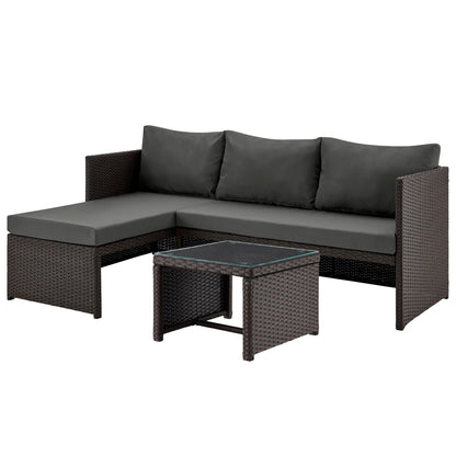 Menton 3 Piece Sectional Set wicker outdoor sofa with charcoal cushions and glass table on Tampa Home & Garden Store