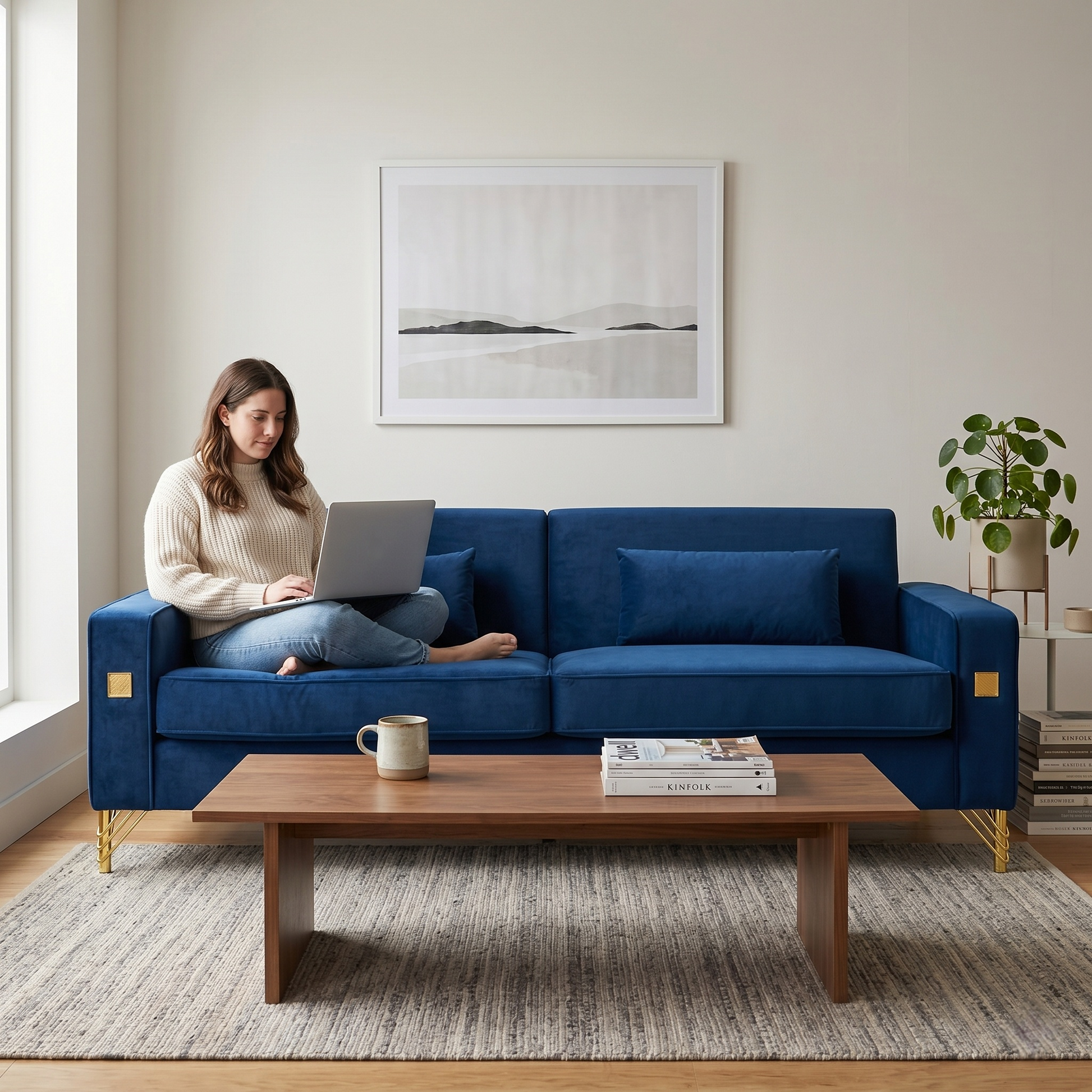 Luxury Velvet Sofa with Gold Accents in blue velvet with gold hardware, woman using laptop on Tampa Home & Garden Store