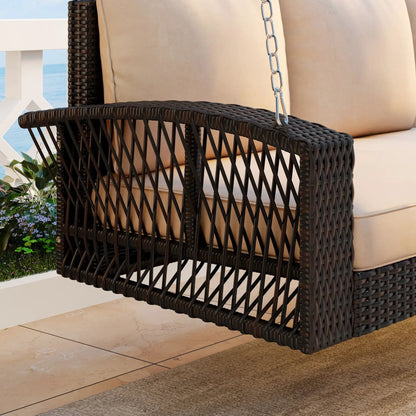 3-person patio swing bench in black wicker with beige cushions by Unique Piece Furniture on Tampa Home & Garden Store