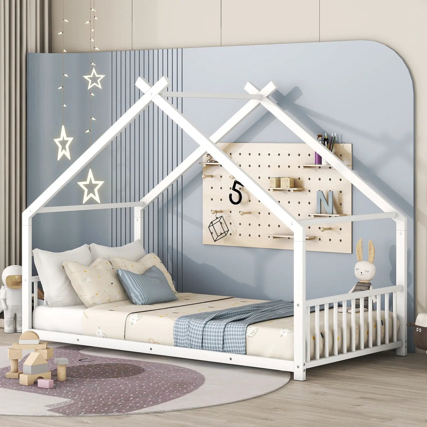 Metal House Bed in white metal frame with roof canopy for kids by Unique Piece Furniture on Tampa Home & Garden Store