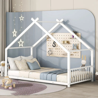 Metal House Bed in white metal frame with roof canopy for kids by Unique Piece Furniture on Tampa Home & Garden Store