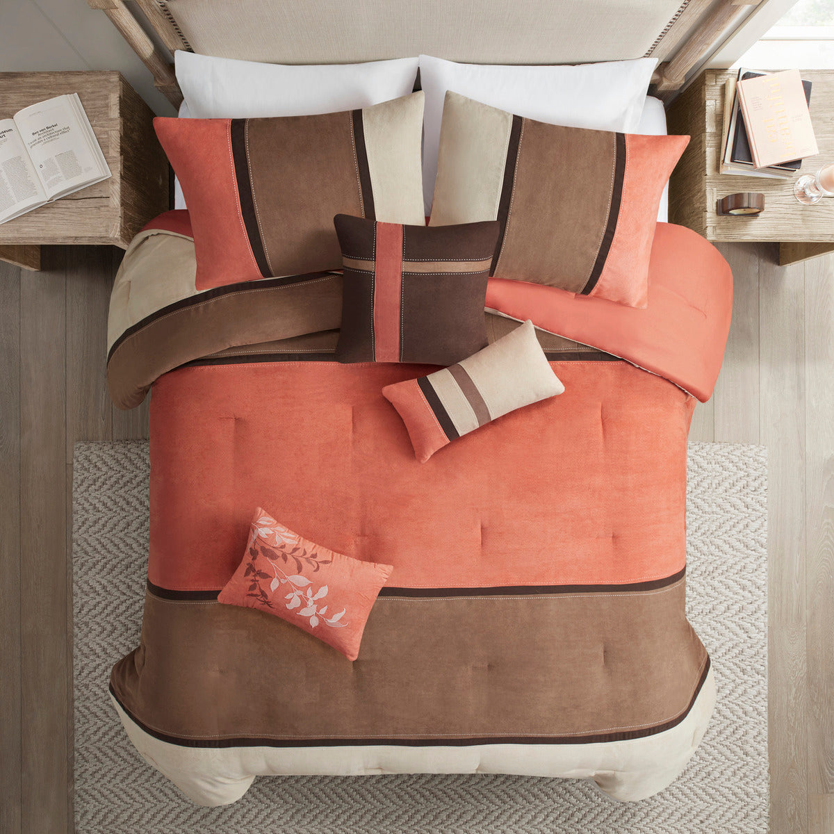 7 Piece Faux Suede Comforter Set Coral Cal King by HouseOfZazla taupe brown accents on bed on Tampa Home & Garden Store