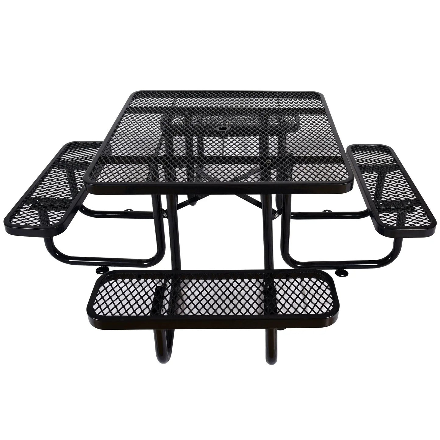 Square outdoor steel picnic table with umbrella pole, black mesh top and attached benches on Tampa Home & Garden Store