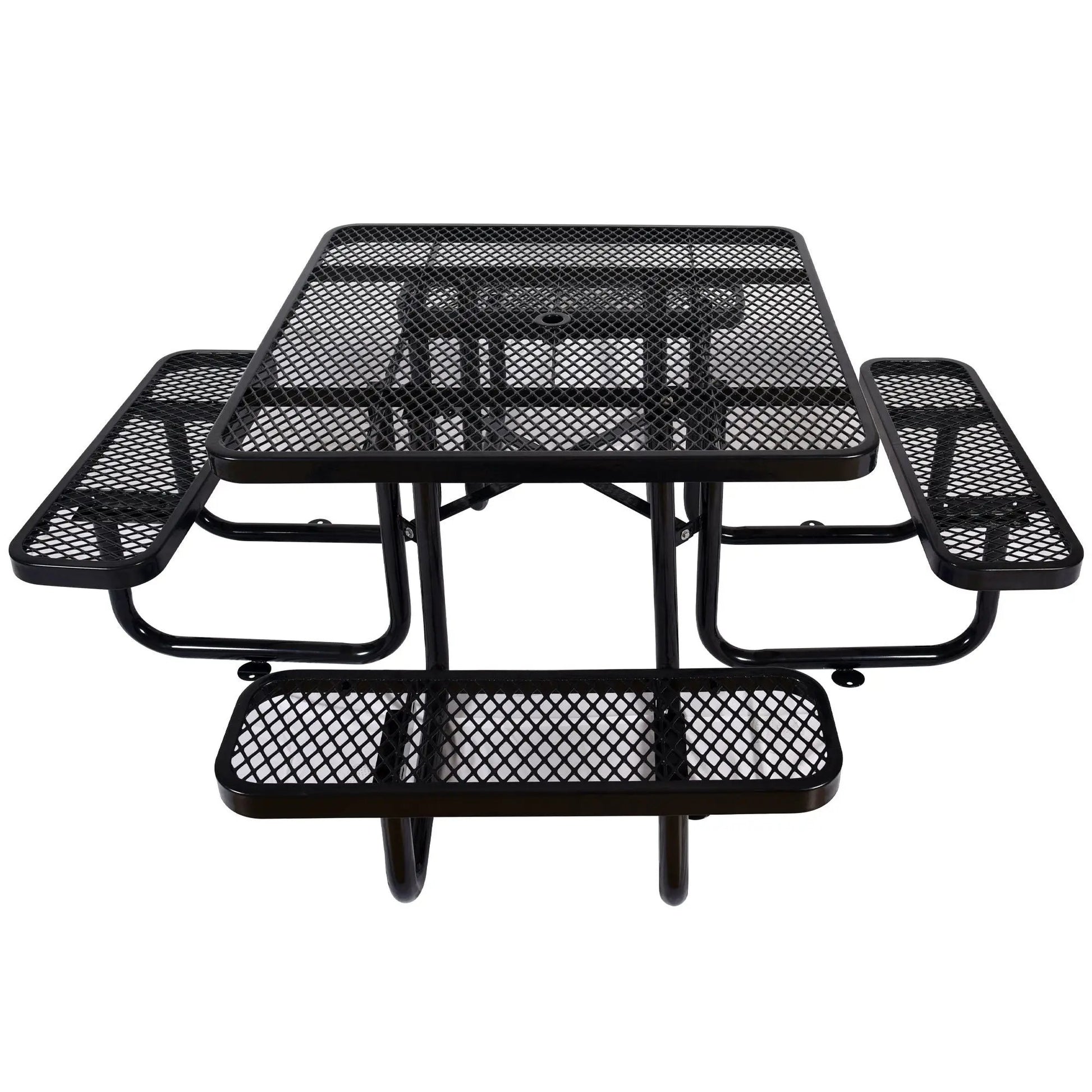 Square outdoor steel picnic table with umbrella pole, black mesh top and attached benches on Tampa Home & Garden Store