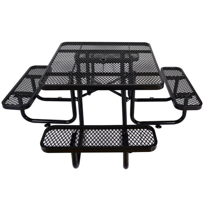Square outdoor steel picnic table with umbrella pole, black mesh top and attached benches on Tampa Home & Garden Store