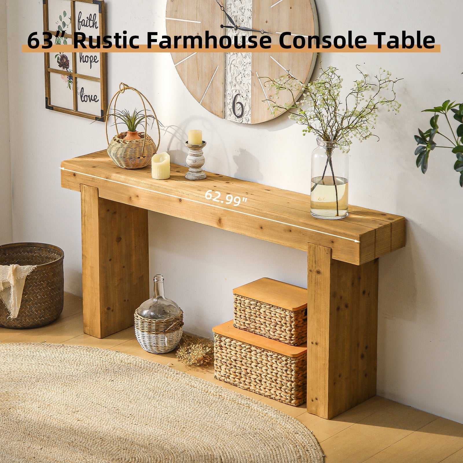 63-inch solid wood console table in rustic farmhouse style with natural finish on Tampa Home & Garden Store