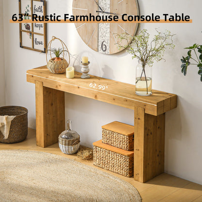 63-inch solid wood console table in rustic farmhouse style with natural finish on Tampa Home & Garden Store
