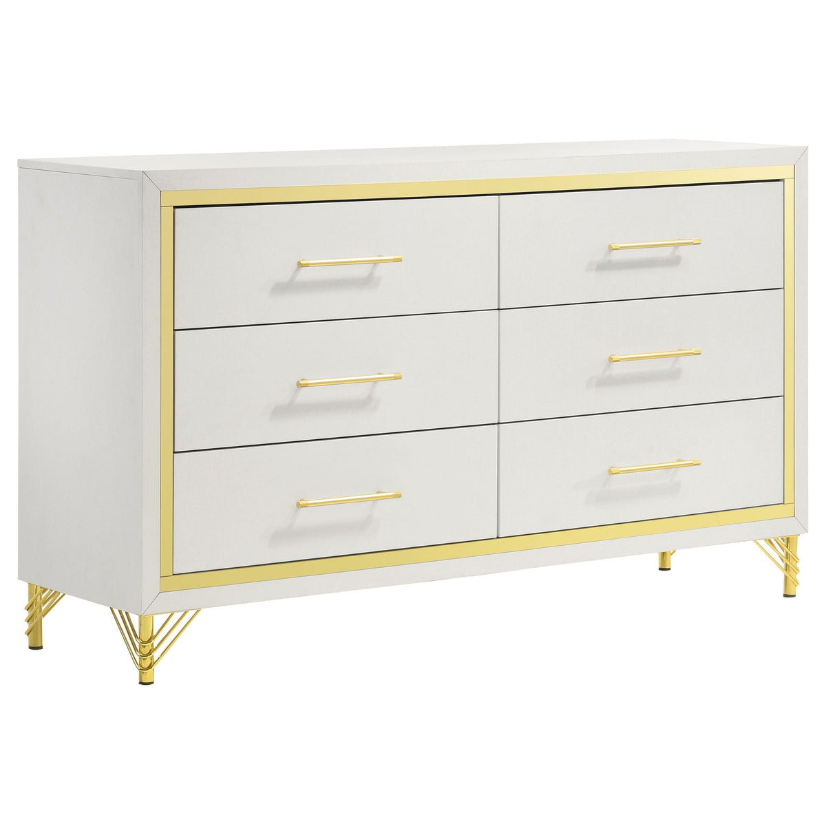 Malcolm 5 Piece Bedroom Set dresser by HouseOfZazla in white with gold trim and hardware on Tampa Home & Garden Store