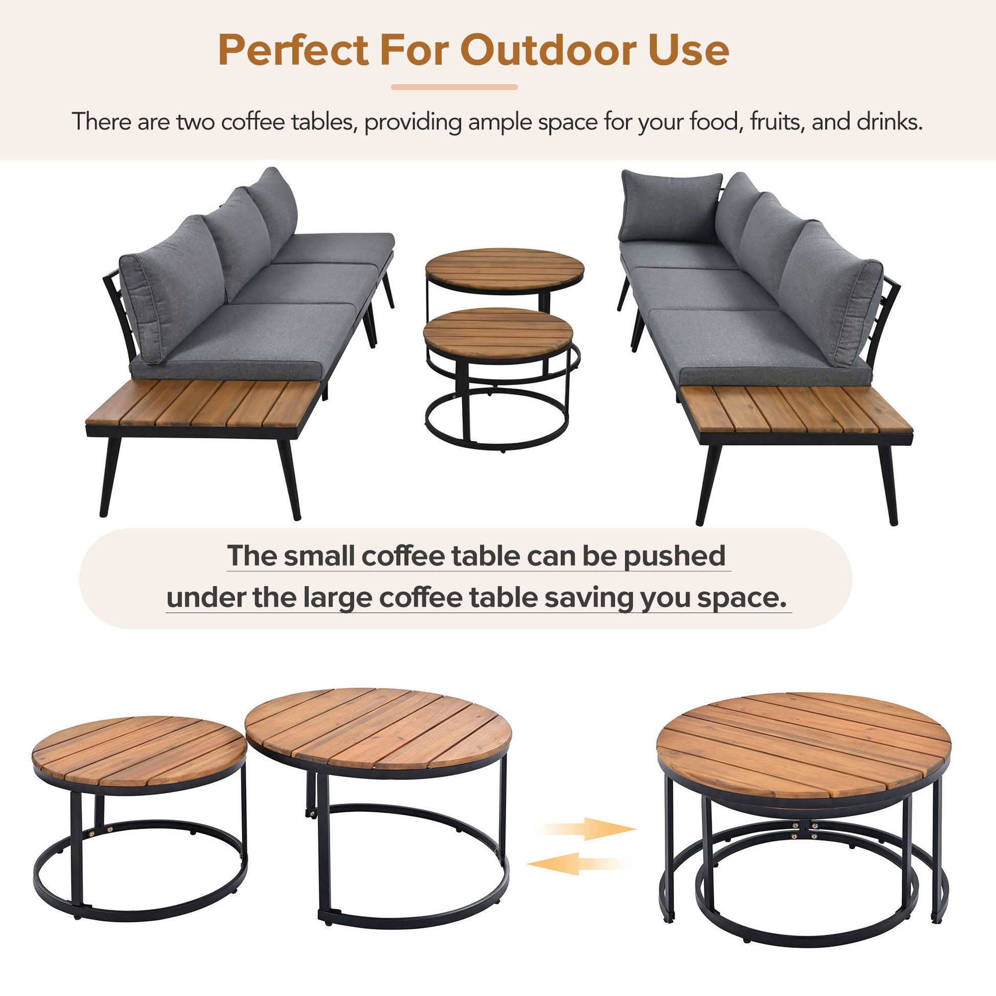 Modern Outdoor Sectional Sofa Set With Nesting Coffee Tables round wooden tops HouseOfZazla on Tampa Home & Garden Store