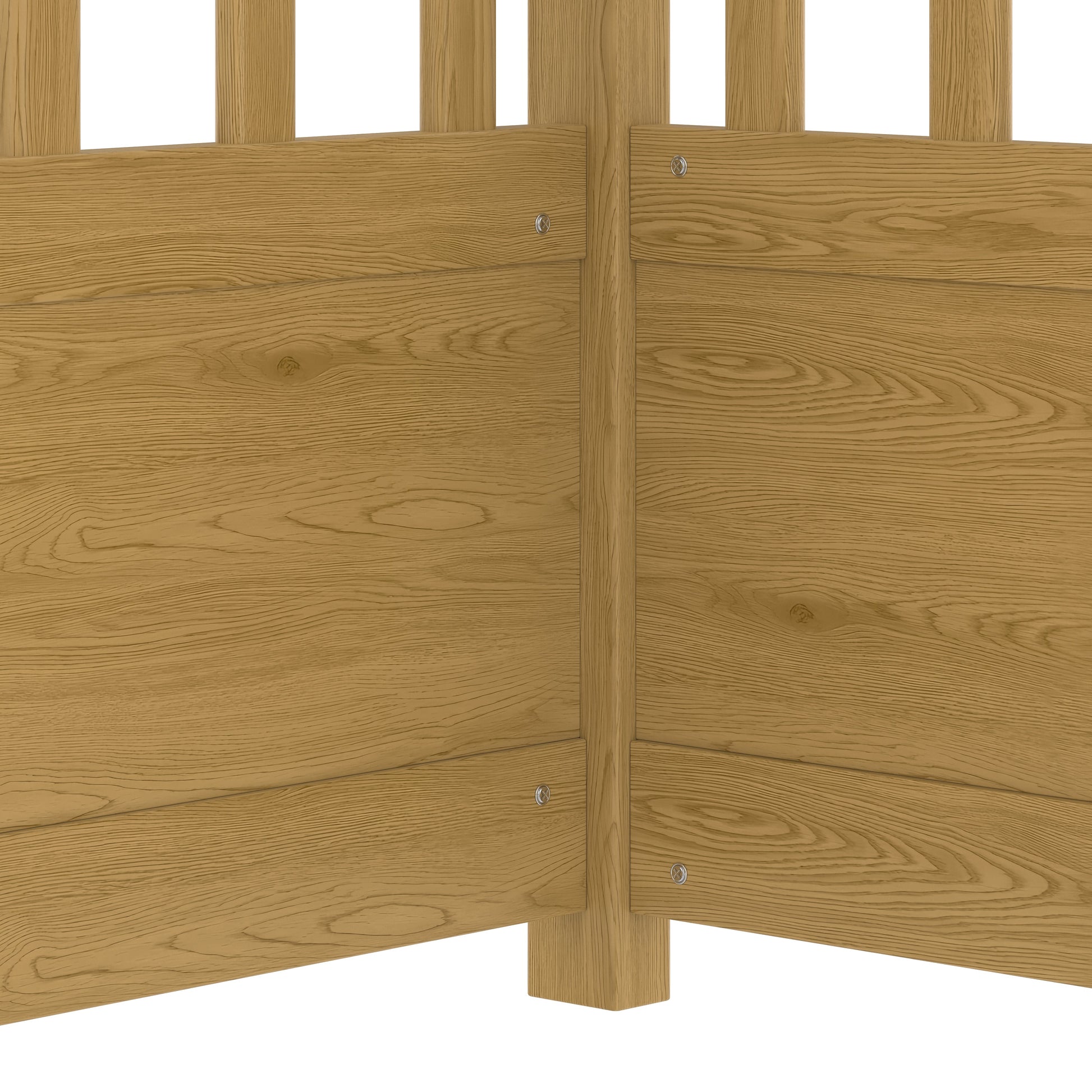 Full-size wooden canopy bed frame with guardrails in finish, close-up of posts and rails on Tampa Home & Garden Store