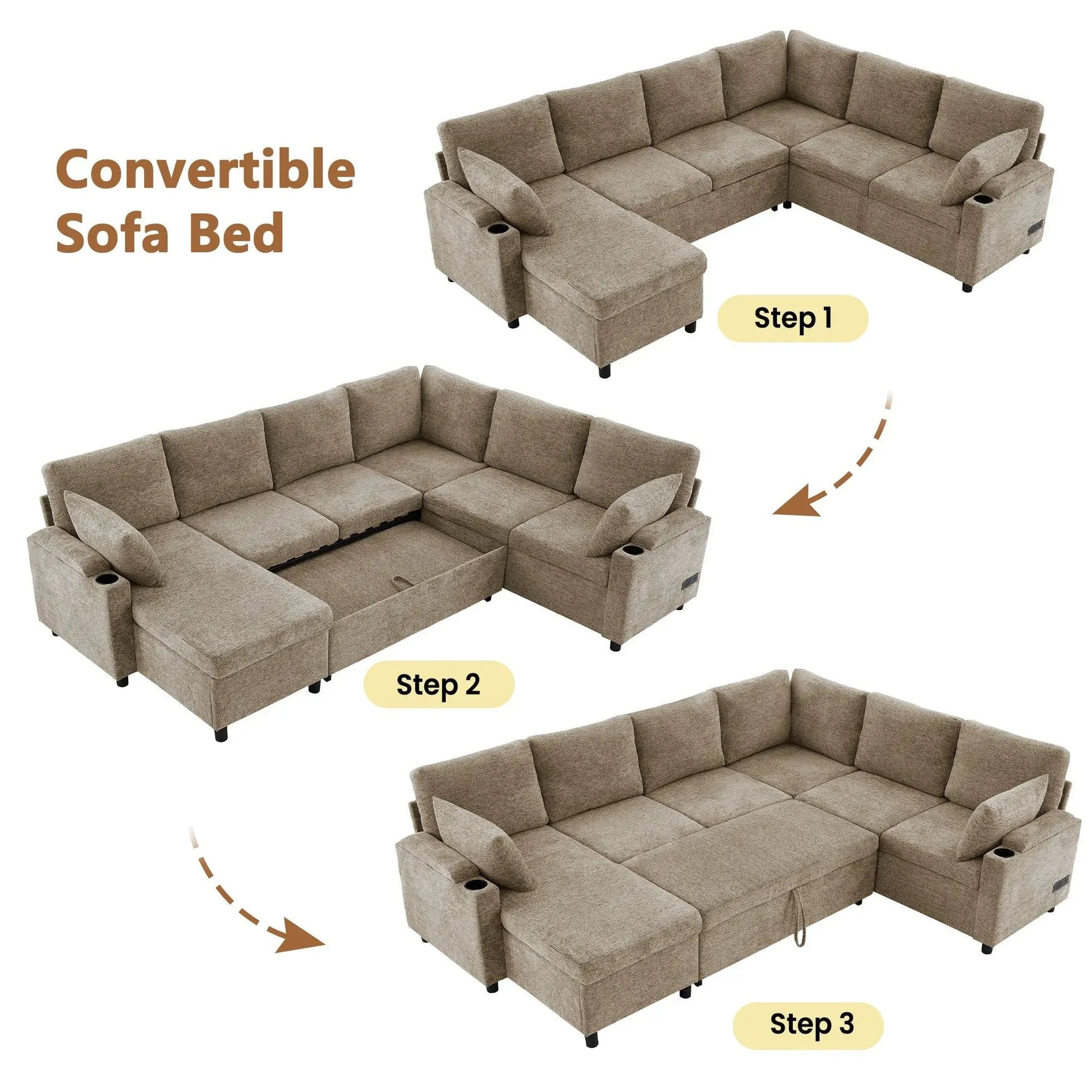 Brown U-shaped sectional sofa bed with storage, charging ports, and cup holders on Tampa Home & Garden Store