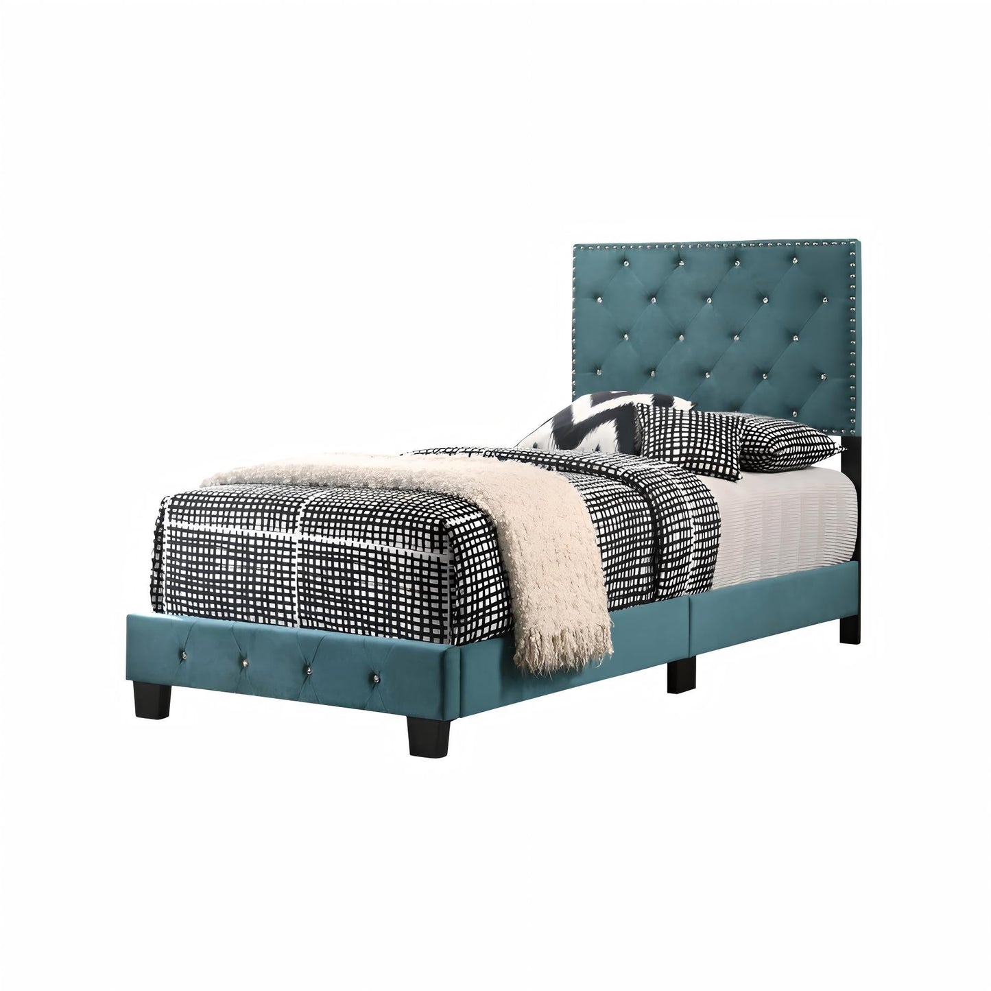 Luxurious teal upholstered bed with tufted headboard and nailhead trim, bold geometric bedding on Tampa Home & Garden Store