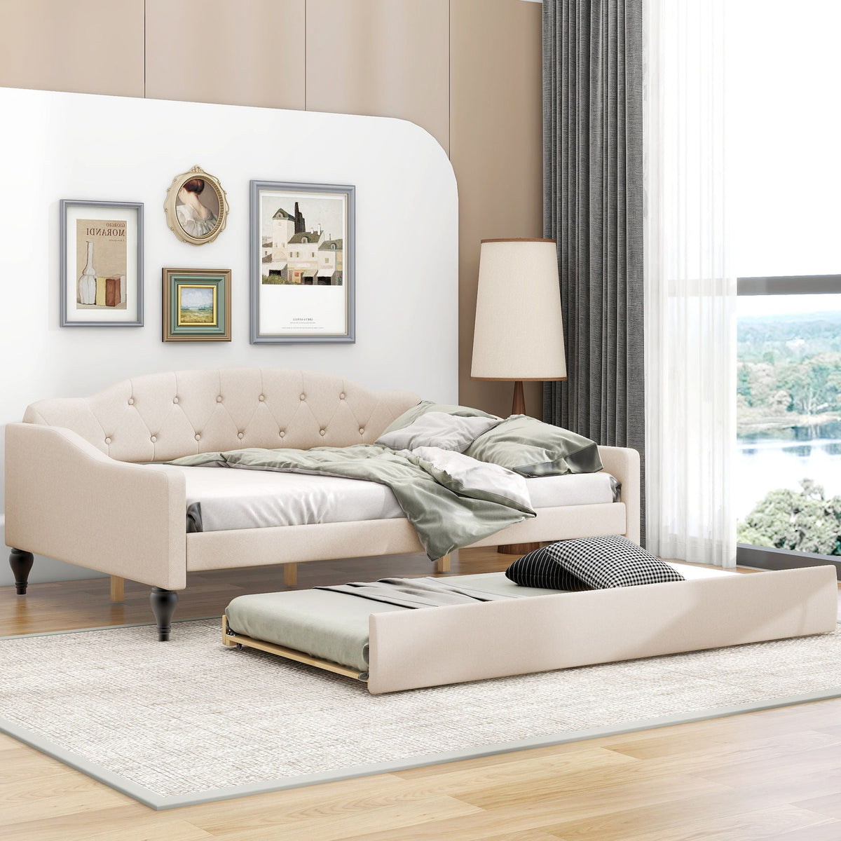 Upholstered Tufted Daybed in cream fabric with curved back, button tufting, and pull-out trundle on Tampa Home & Garden Store