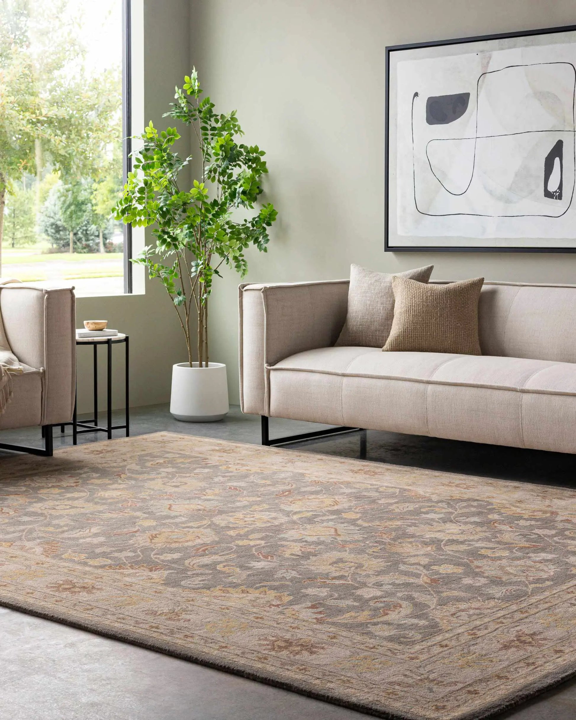 Cherryfield Hand Tufted Taupe Wool Rug by Boutique Rugs in a living room with a beige sofa on Tampa Home & Garden Store