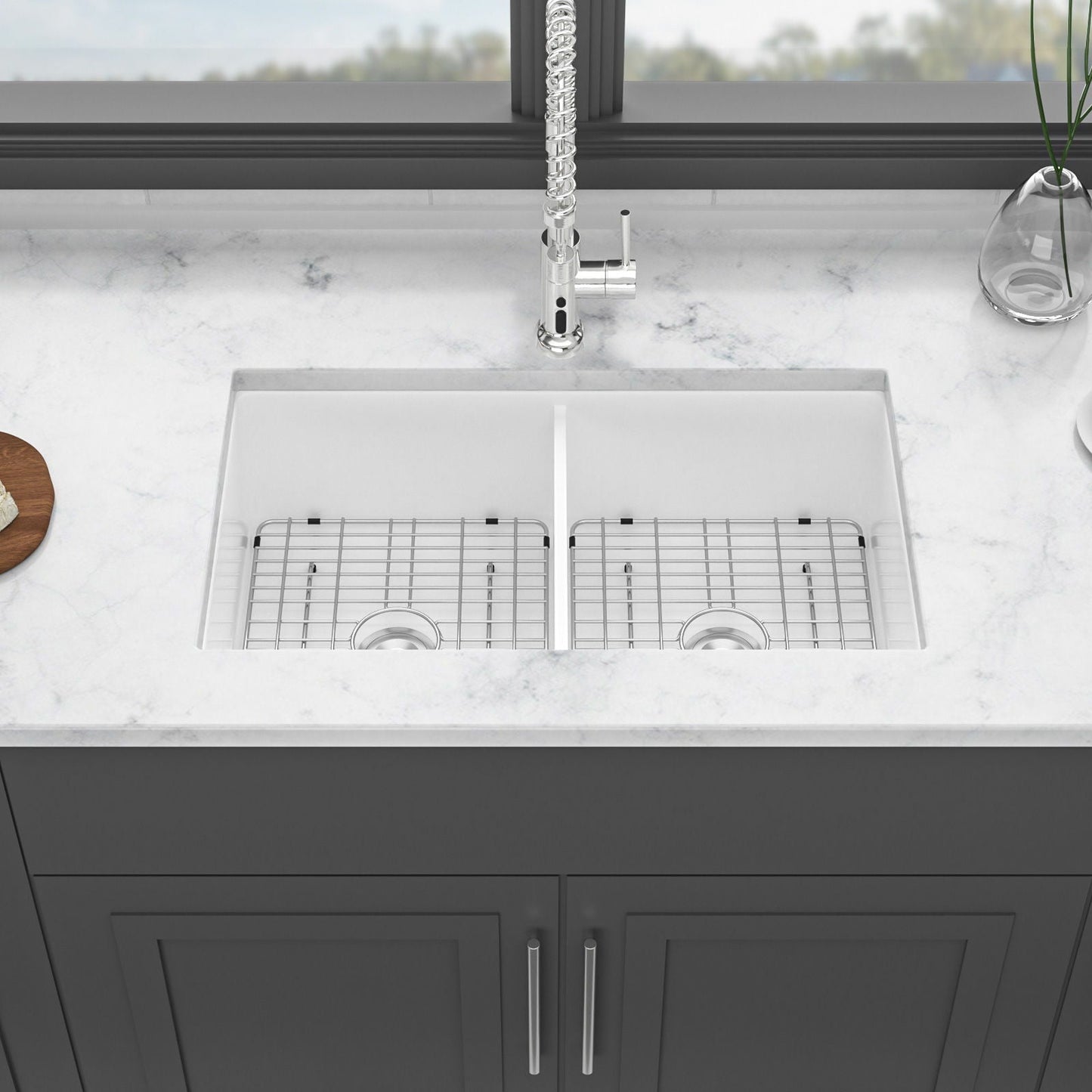 White Double Bowl Ceramic and Dual Kitchen Sink