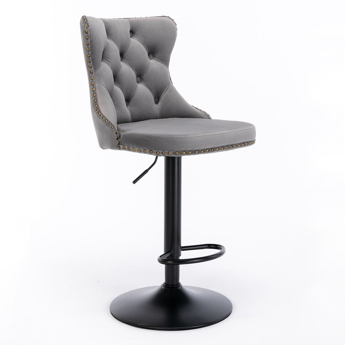 Swivel bar stool with tufted grey upholstery, adjustable height, black pedestal base on Tampa Home & Garden Store