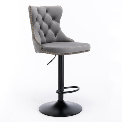 Swivel bar stool with tufted grey upholstery, adjustable height, black pedestal base on Tampa Home & Garden Store