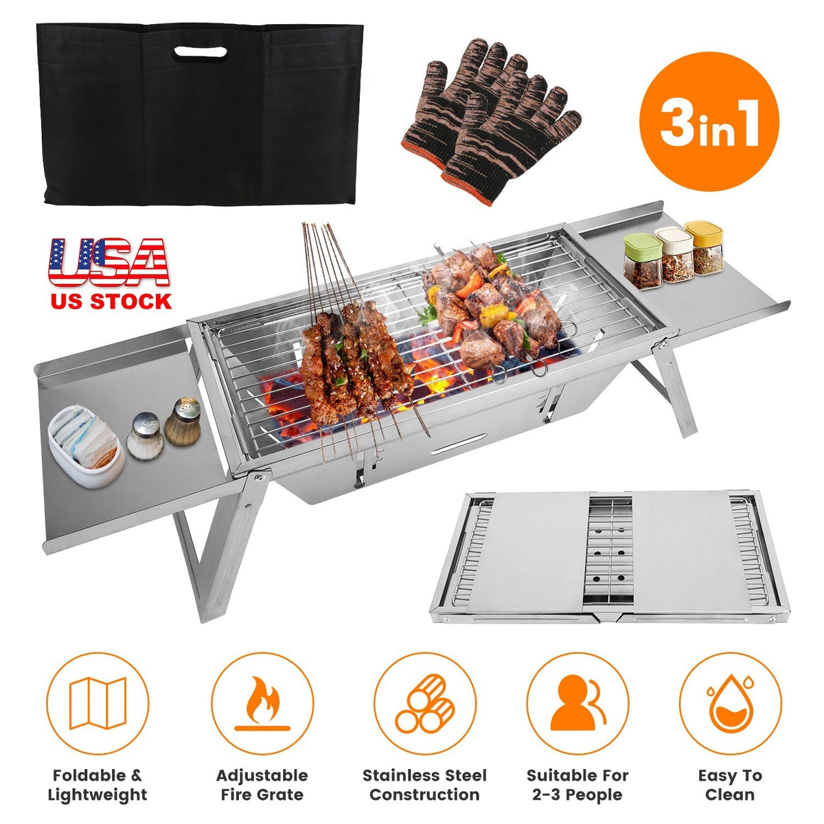 GemGear 3-in-1 foldable stainless steel charcoal grill for 2–3 people with carrying bag and gloves on Tampa Home & Garden Store