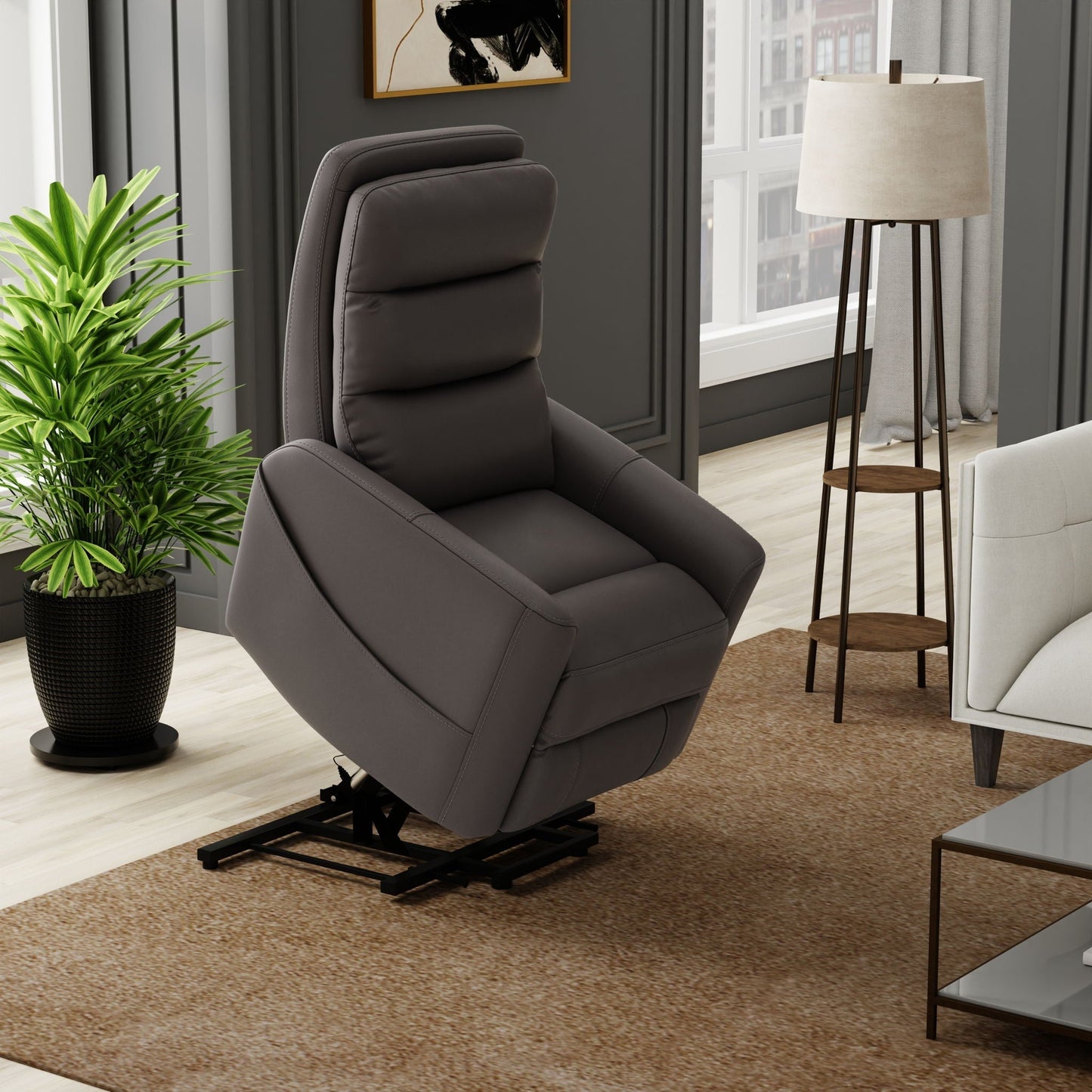 Bentley Power Lift Chair by HouseOfZazla in gray upholstery with full recline and USB charging on Tampa Home & Garden Store