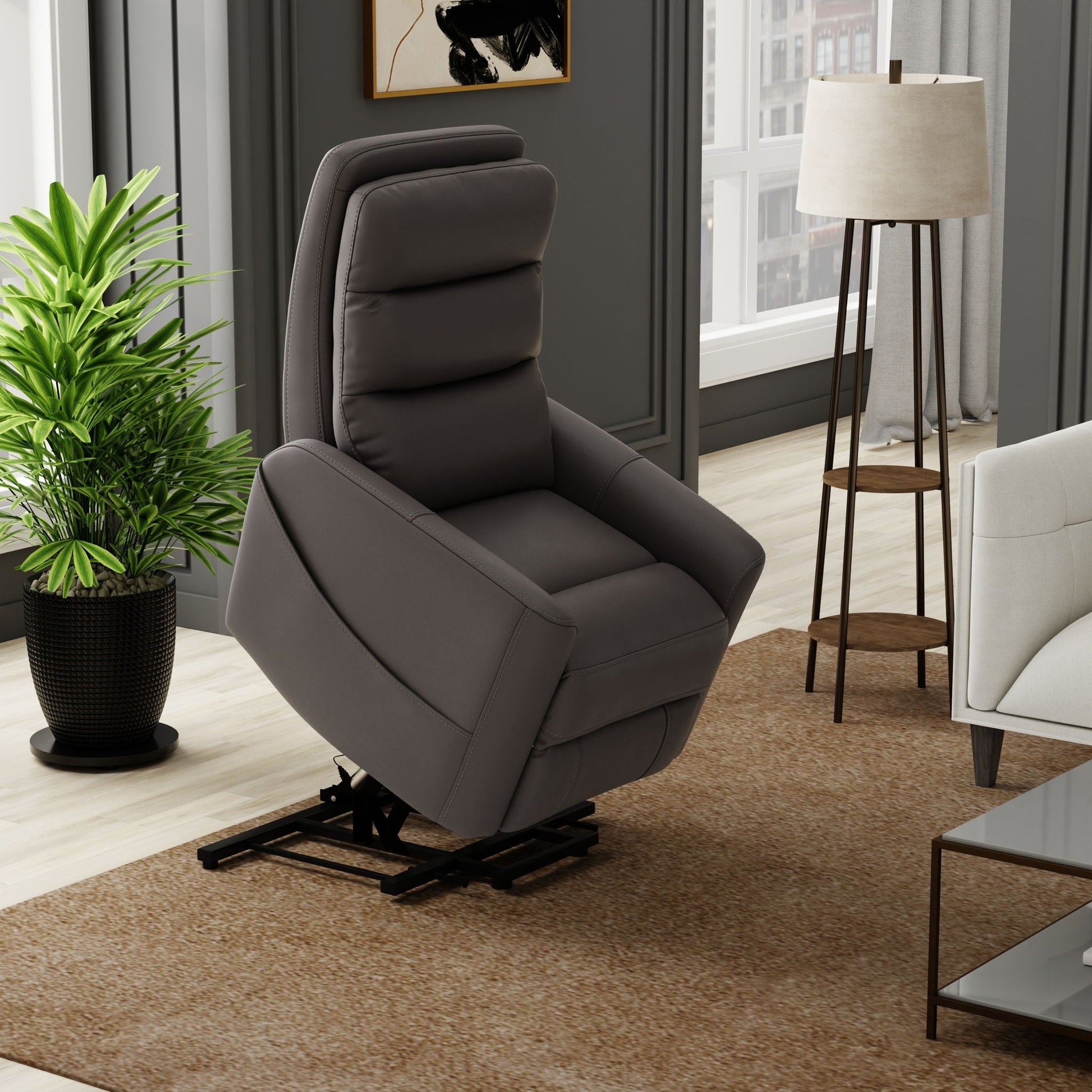 Bentley Power Lift Chair by HouseOfZazla in gray upholstery with full recline and USB charging on Tampa Home & Garden Store