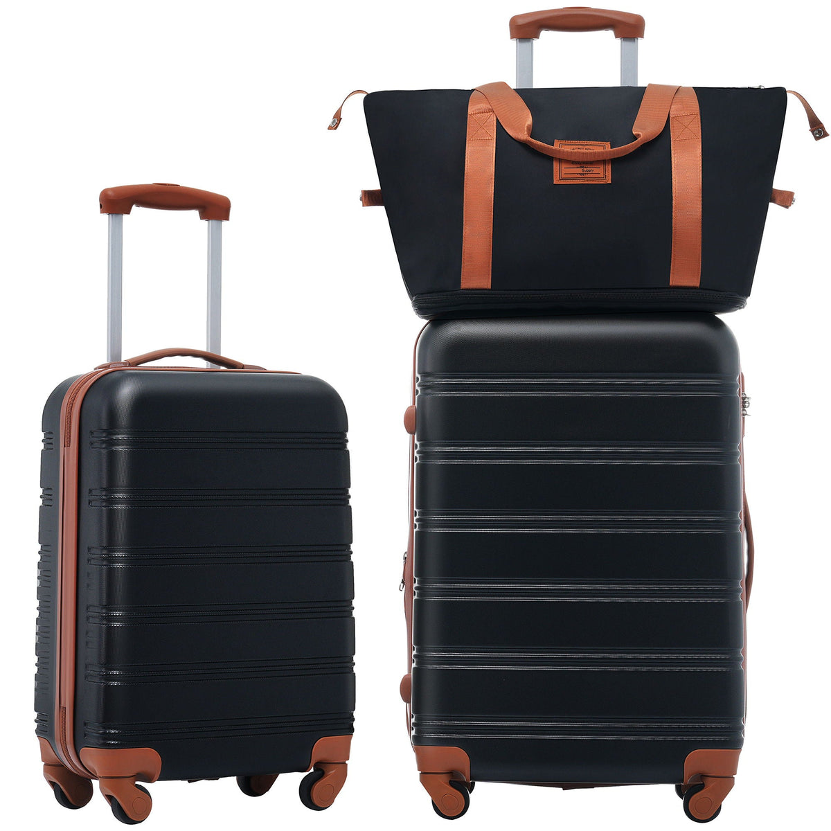 Luggage set HouseOfZazla, black hardshell with tan straps, 20in & 24in spinner suitcases on Tampa Home & Garden Store