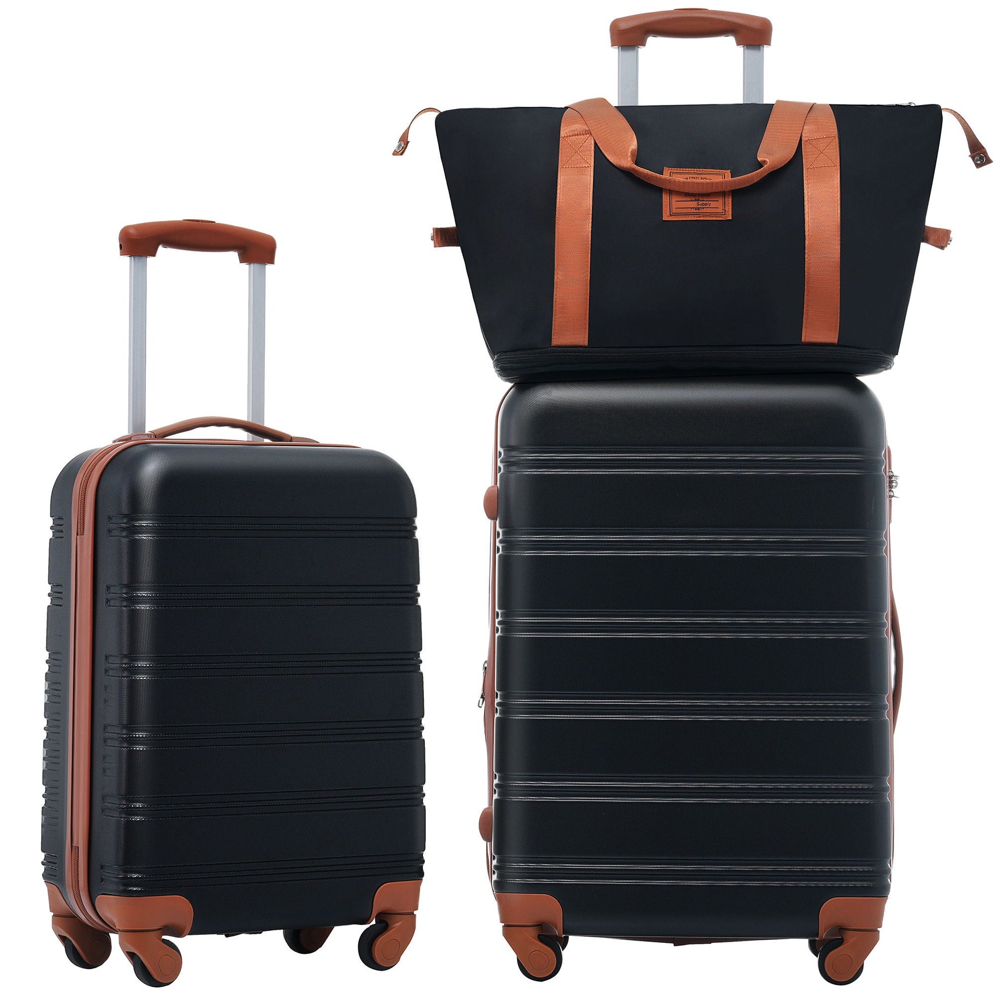 Luggage set HouseOfZazla, black hardshell with tan straps, 20in & 24in spinner suitcases on Tampa Home & Garden Store
