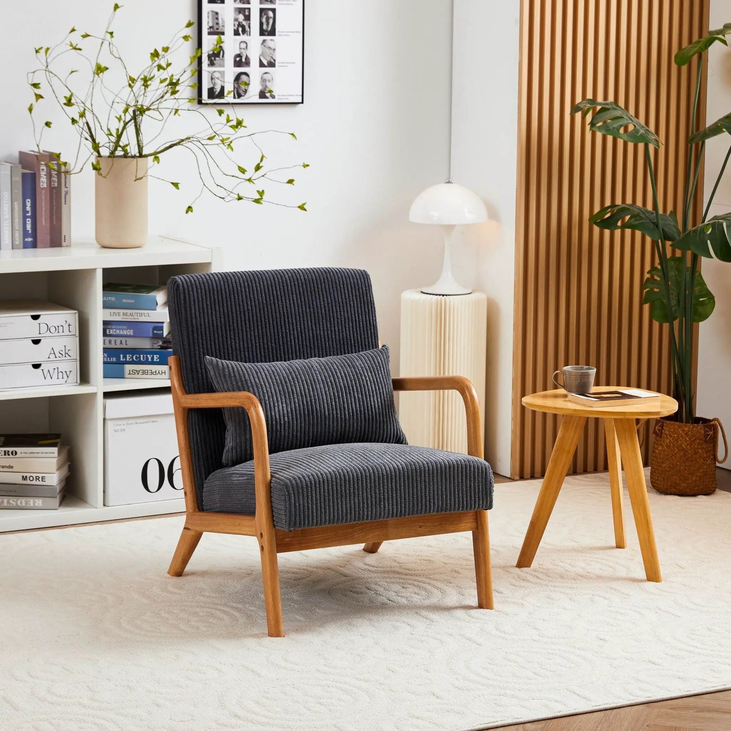 Accent Arm Chair With Pillow Upholstered in dark blue fabric with wood arms and legs on Tampa Home & Garden Store