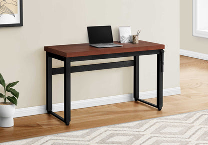 Adjustable standing computer desk with dark wood top and black metal frame, laptop on desk on Tampa Home & Garden Store