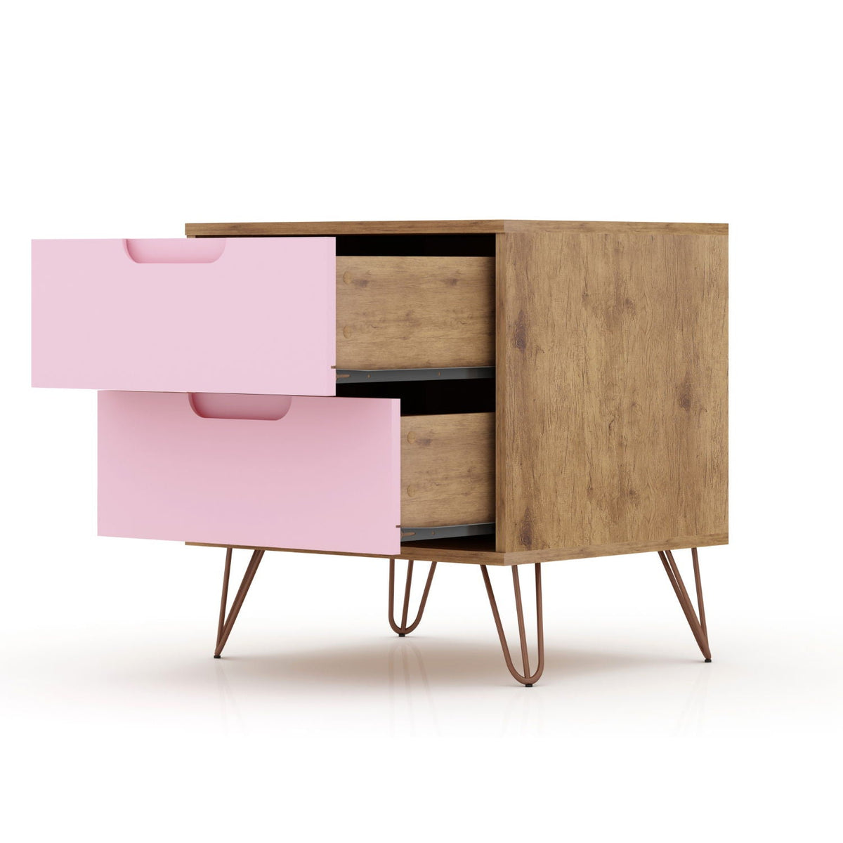 Two-drawer pink nightstand with wood cabinet and splayed copper legs by HouseOfZazla on Tampa Home & Garden Store