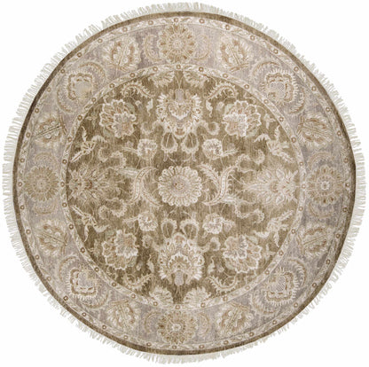 Caernarfon premium wool round rug by Boutique Rugs in beige ivory damask with fringe on Tampa Home & Garden Store