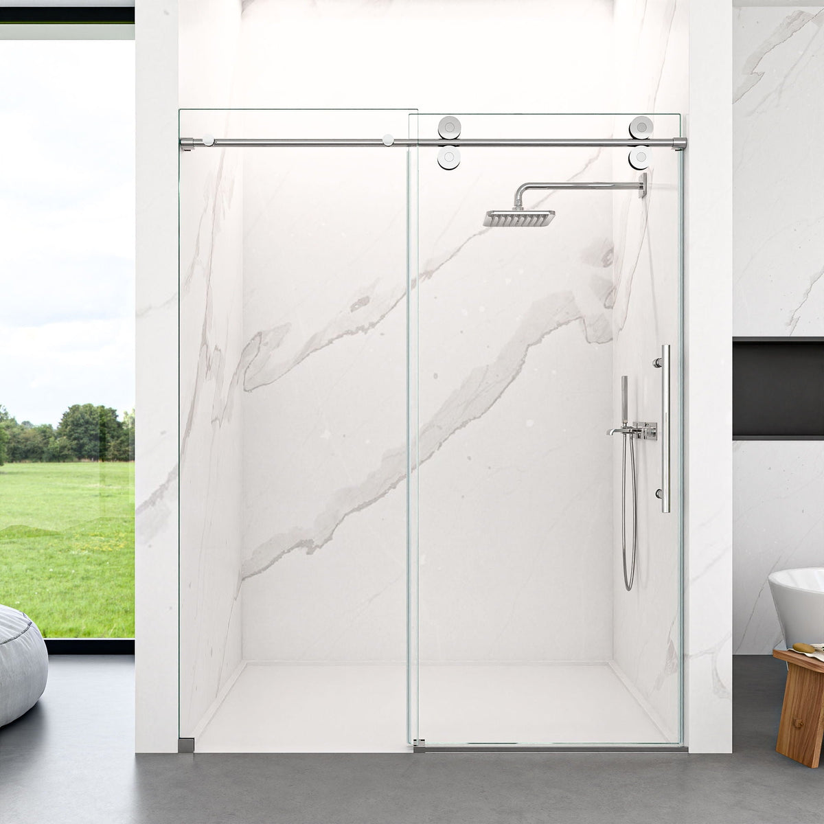 Clear and tempered frameless sliding shower door by HouseOfZazla with chrome on Tampa Home & Garden Store