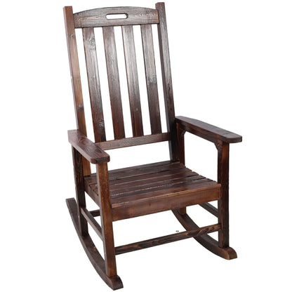 Oversized porch rocker chair in dark stained wood with a wide seat and tall backrest on Tampa Home & Garden Store