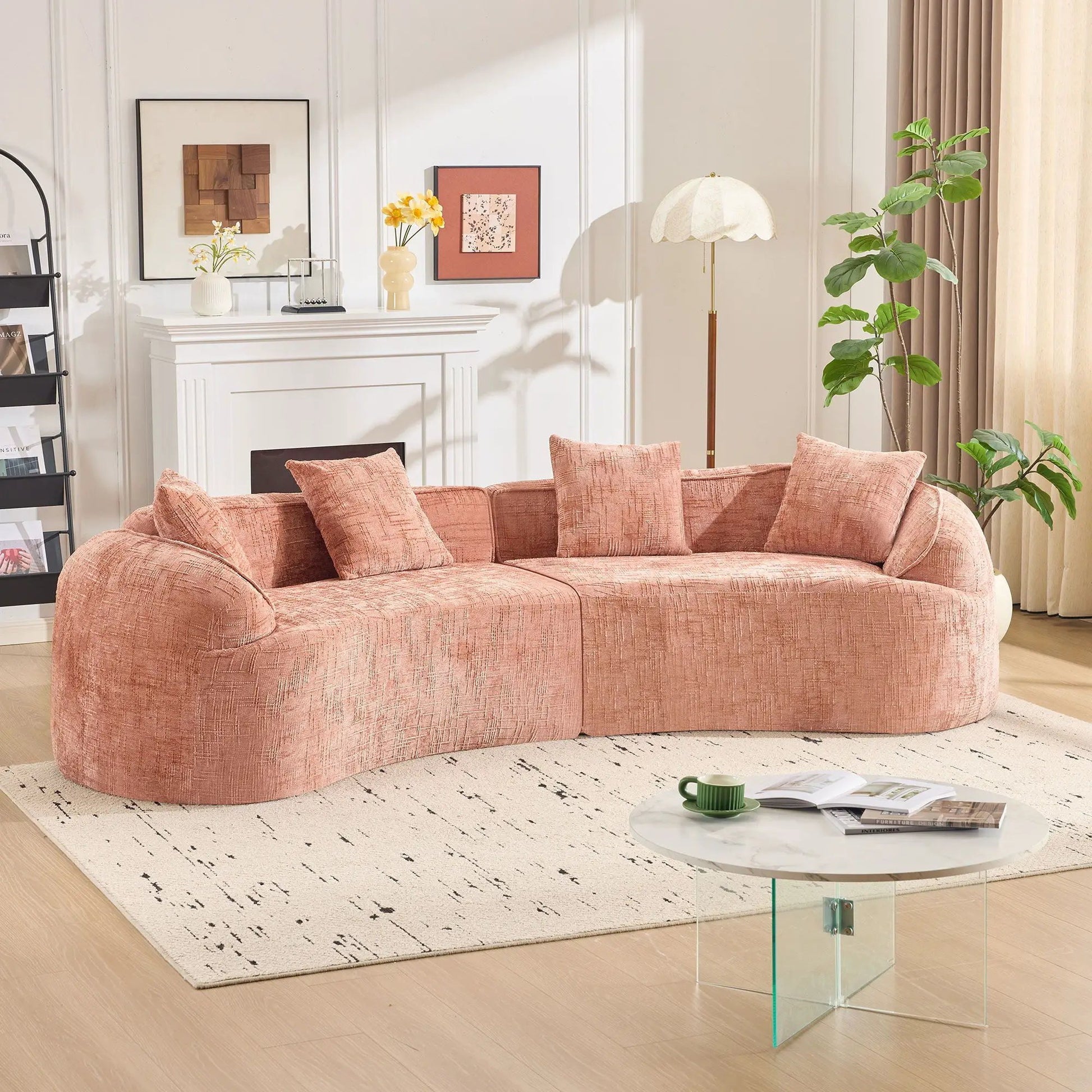 Curved Compressed Sofa in pink textured fabric with Nordic-style design for living room on Tampa Home & Garden Store