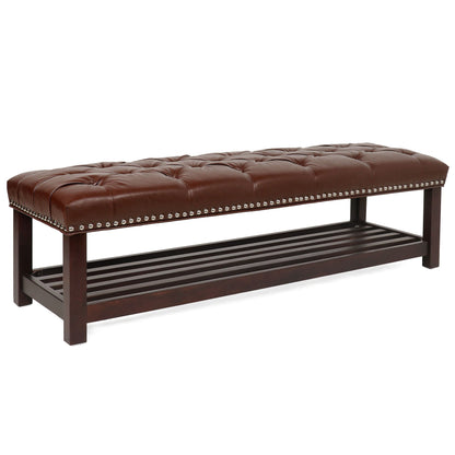 Tufted Upholstered End of Bed Bench with Nailhead Trim brown faux leather dark wood legs on Tampa Home & Garden Store