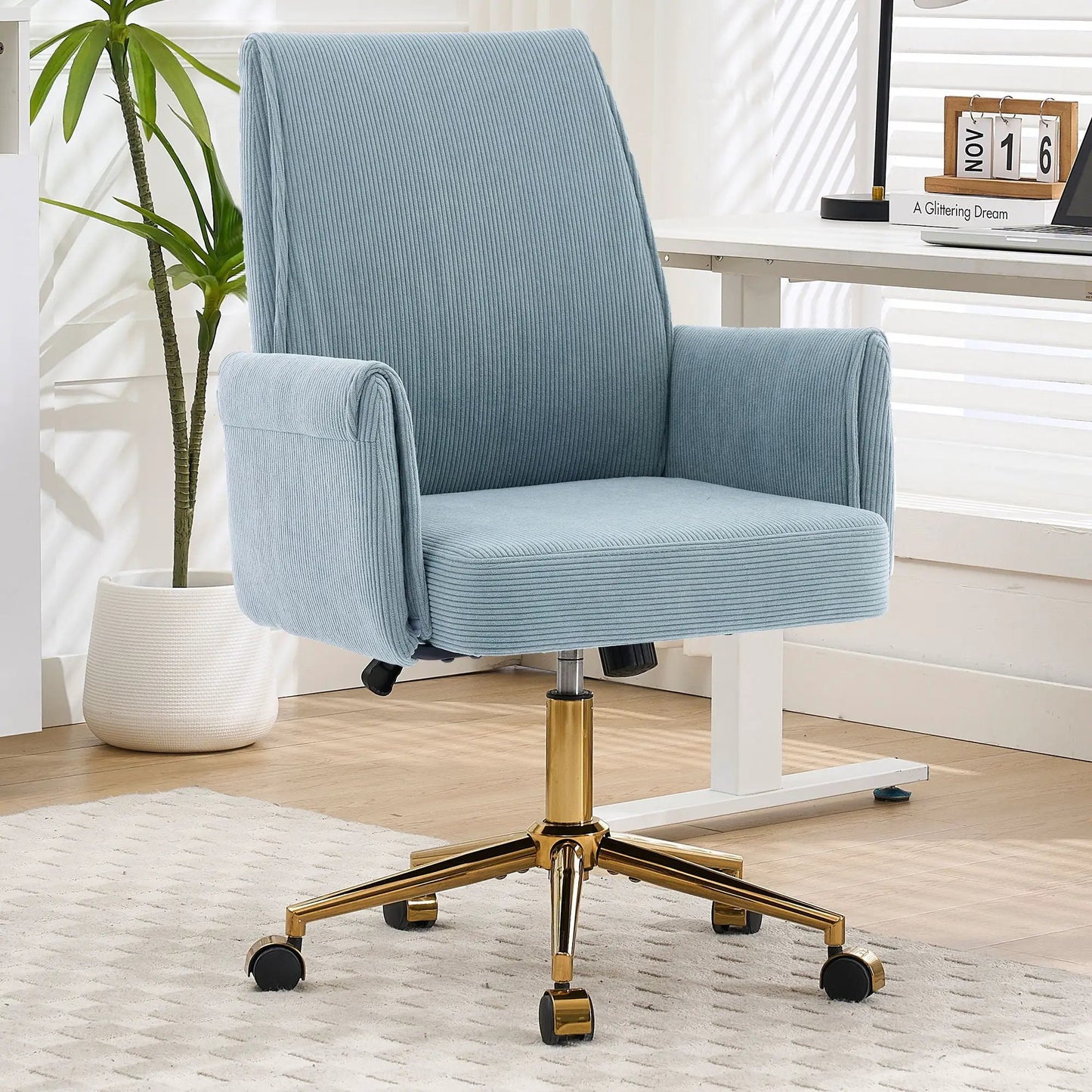 Ergonomic mid back blue ribbed fabric swivel chair by Unique Piece Furniture with gold base on Tampa Home & Garden Store