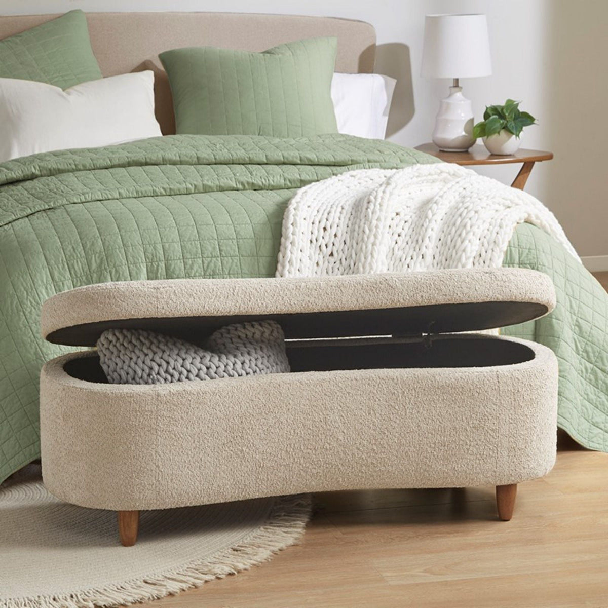 Beige flip-top storage bench by HouseOfZazla with soft-close hinges, wooden legs, interior storage on Tampa Home & Garden Store