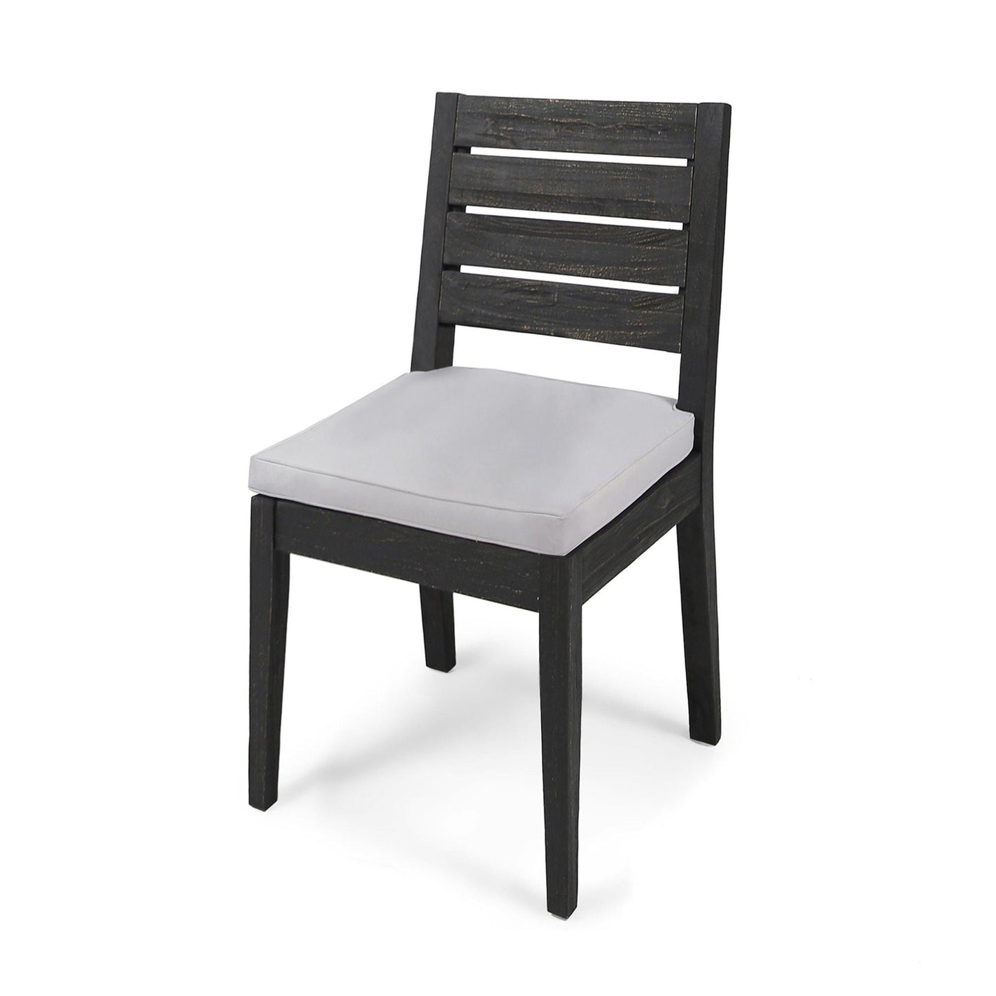 Outdoor armless dining chair in dark wood finish with white cushion on Tampa Home & Garden Store