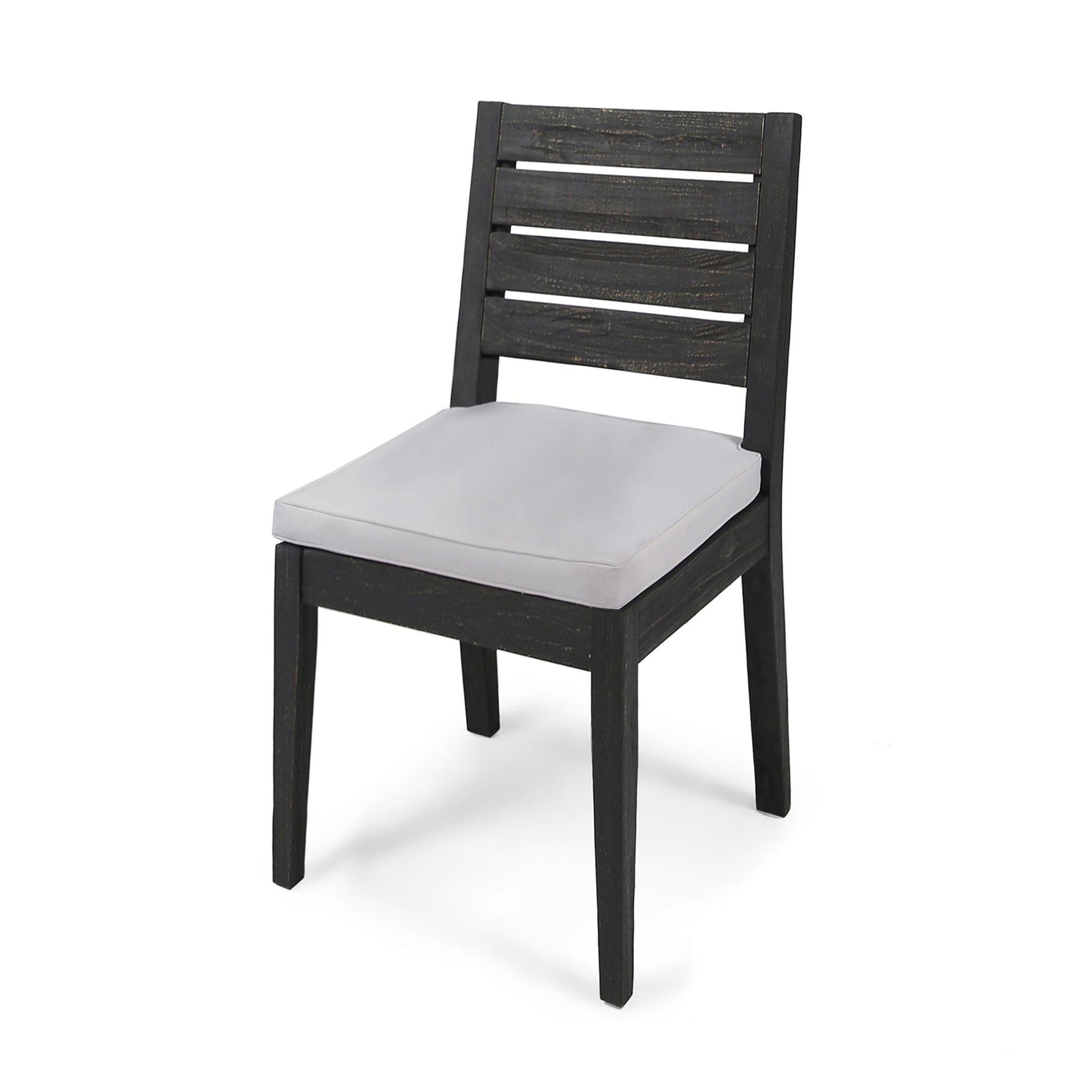 Outdoor armless dining chair in dark wood finish with white cushion on Tampa Home & Garden Store