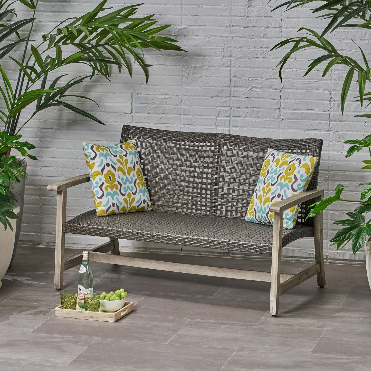 Hampton Outdoor Wood and Wicker Loveseat Gray
