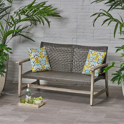 Hampton Outdoor Wood and Wicker Loveseat Gray