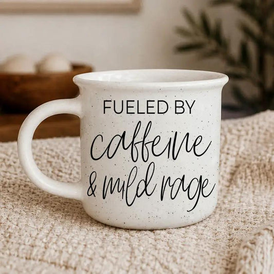 Caffeine & Rage mug by Gia Roma, white speckled ceramic coffee mug with black script on Tampa Home & Garden Store