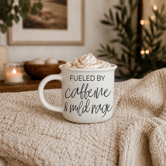 Gia Roma white speckled ceramic coffee mug with black two-font text Fueled by caffeine & rage on Tampa Home & Garden Store