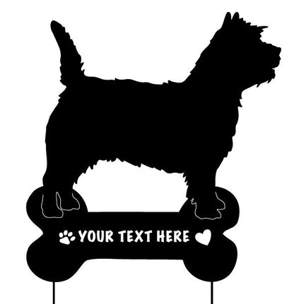 Cairn Terrier garden stake silhouette in black with bone base and text area on Tampa Home & Garden Store