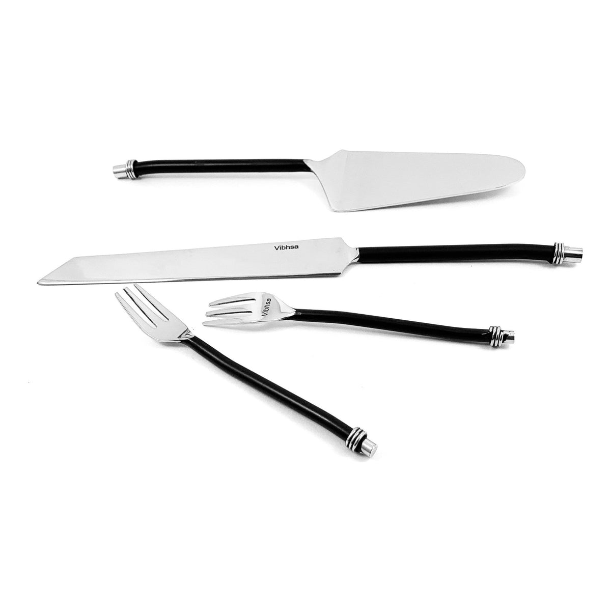 Vibhsa cake cutting and serving set with black twisted-handle knife and forks on Tampa Home & Garden Store