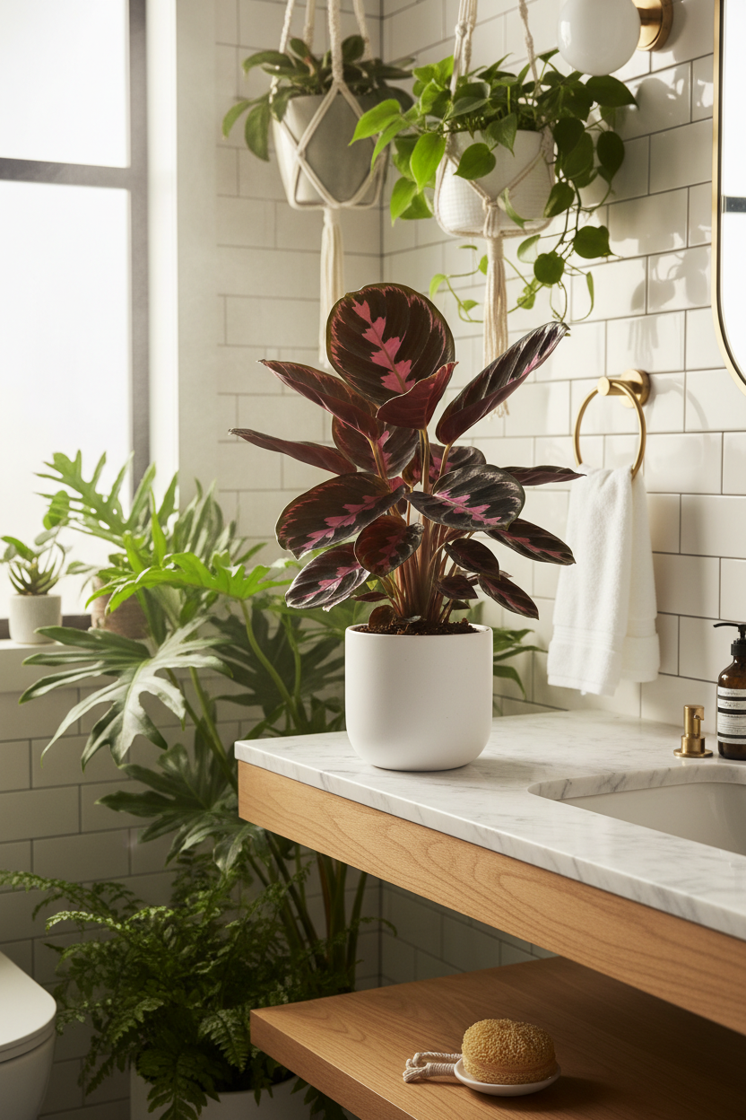 Calathea Dottie plant with burgundy leaves and pink pattern in white ceramic pot on Tampa Home & Garden Store
