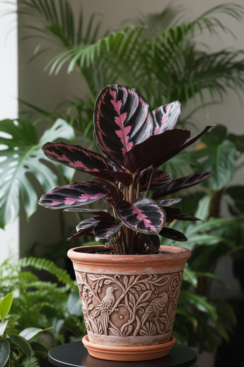 Calathea Dottie indoor plant in a terracotta pot with pink-veined dark leaves on Tampa Home & Garden Store