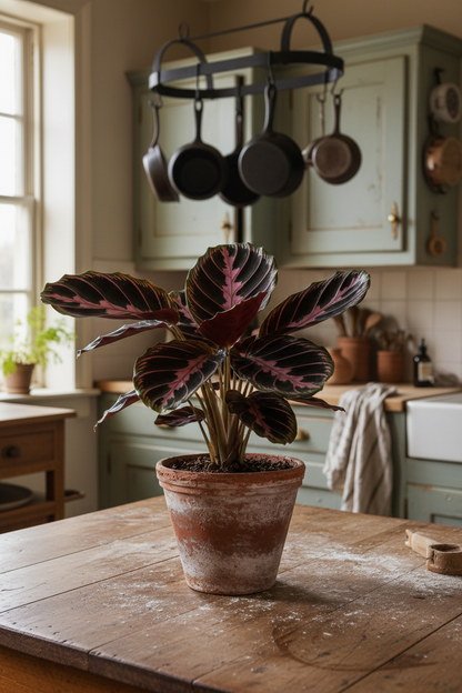 Calathea Dottie plant in terracotta pot with pink-veined leaves Rooted Treasures Farms on Tampa Home & Garden Store